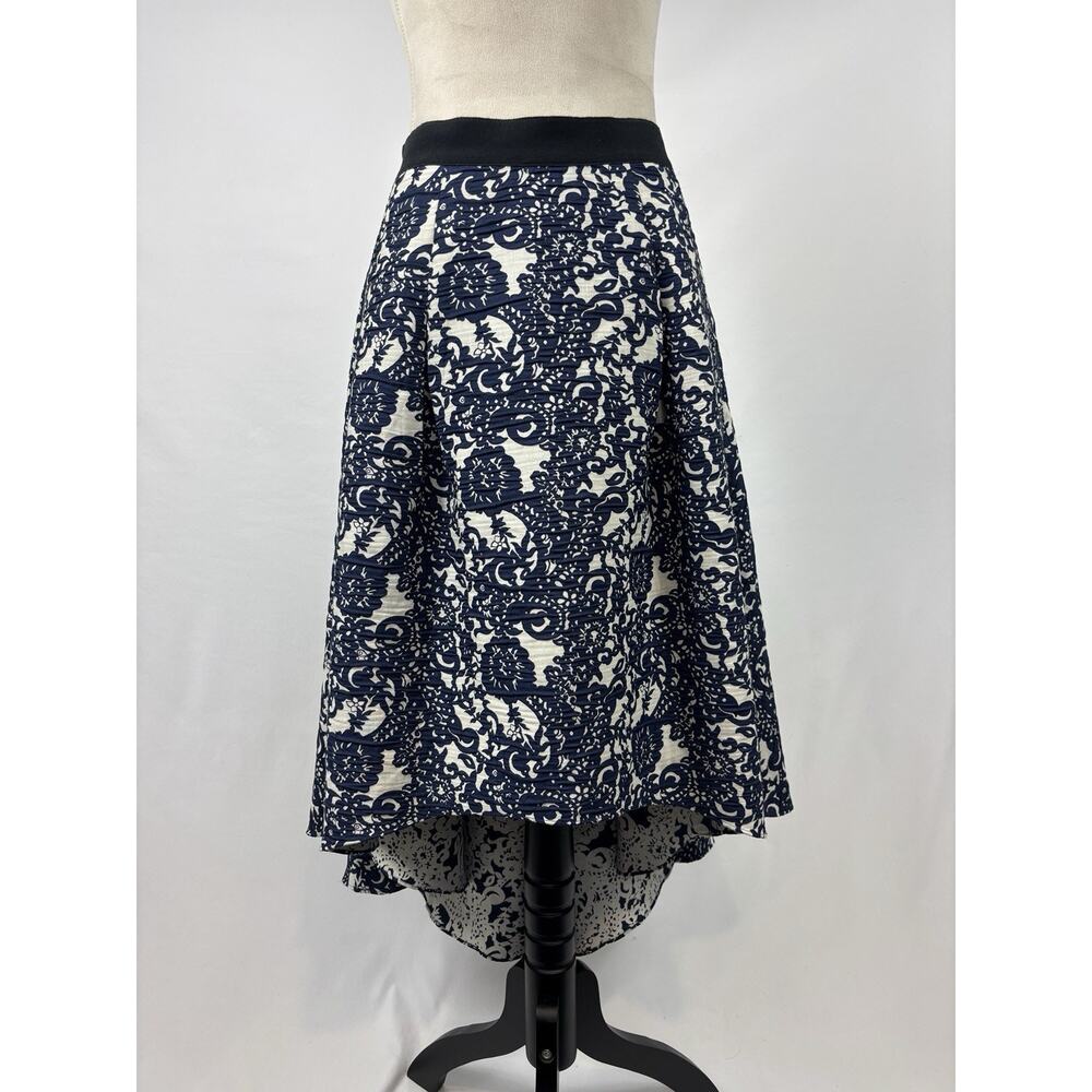 Sachin & Babi High Low Skirt Blue Cream Print Size 6 Brocade Zip Waist